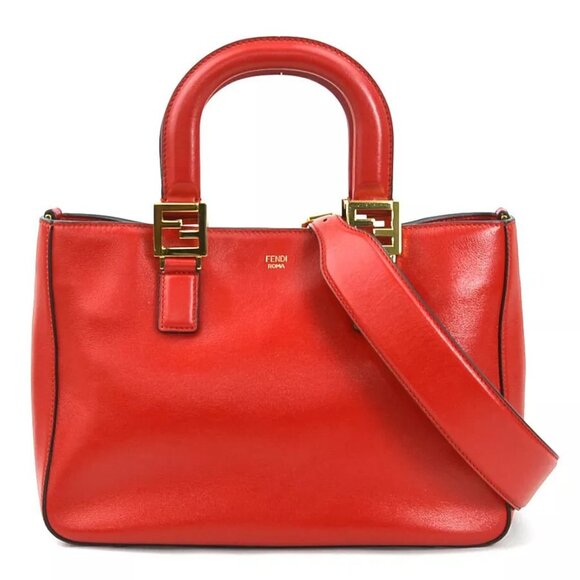 Auth FENDI FF Tote Small Handbag Shoulder Bag Red Leather/Goldtone - Picture 1 of 16